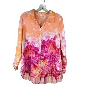 Soft Surroundings Floral Stripe Cotton Button Up Shirt Orange Pink Medium